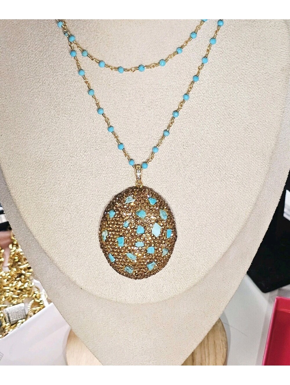 Adina Eden Sparkling Turquoise Pendant Brown Micro-pave CZ 30 Inch Necklace